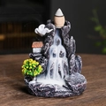 Dark grey rock landscape backflow incense burner with yellow tree and small house - Mountain River Resin Style (Green Tree)