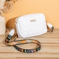 Detail of white heart-quilted crossbody bag with a colorful 'LOVE' printed wide strap - White