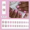 Uñas postizas cortas rosa con purpurina, ondas blancas y kit de 24 piezas - Estilo de Brillo de Onda Rosa Blanco (W1281)