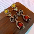Vintage baroque style long drop earrings with amber stones and golden bow design - Gold Oval Wine Red Style (12#)