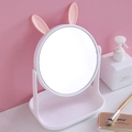 White desktop makeup mirror with pink bunny ears and storage base on vanity desk - Rabbit Ear / White
