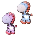 Close-up of silicone giraffe baby teethers in pink and blue with heart-shaped handles - Giraffe / Pink