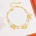Double-layered golden stainless steel bracelet with butterfly charms and white pearls - Gold Butterfly Pearl Style (KB204088-SXSJ)