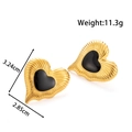 Golden heart-shaped stainless steel earrings with black enamel inlay and sunburst texture - Heart-Shaped Sunburst Pattern - Black (YE-032-Black)