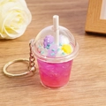 Pink beverage cup keychain with colorful charms and metal ring for bags and keys - Purple
