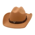 Brown western cowboy hat with leather band and vintage silver bull skull metal ornament - Camel (Bull Head)