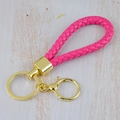 Braided rainbow keychain in soft pink finish with elegant gold-tone metal hardware - Generation 1 Round Dragon Woven Buckle (Light Gold) / Rose Red