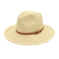 Panama straw hat in beige with frayed edges and brown leather band with gold buckle - M (56-58cm) / Beige