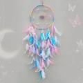 Handmade rainbow dreamcatcher with macaron feathers and butterfly beads for room decor - Finished Product / Colorful Butterfly Love Flower
