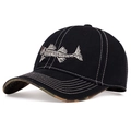 Black cotton baseball cap with white fishbone embroidery and camouflage underbrim details - Adjustable / Black