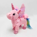 Unicorno di peluche rosa con criniera arcobaleno, ali lucide e guinzaglio di controllo - Rosa