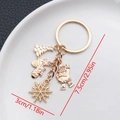 Golden metal Christmas keychain featuring Santa, tree, and snowflake pendants with dimensions - ER824-KC Gold Santa Glove Snowflake Christmas Tree Keychain