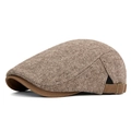 Brown herringbone newsboy cap with suede brim and side metal buckle detail - Adjustable / Dark Khaki