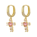 Dettaglio di orecchini a cerchio dorati con cuore rosa e croce di cristalli brillanti - Croce di Cuore Oro (VE898) / VE898 Cuore Croce Oro