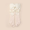 Detail of infant knitted headband and breathable bow socks with hollow texture - Apricot