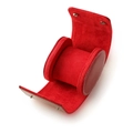 Detail of red leather cylindrical watch storage box with soft pillow and open lid - 1 Slot Red