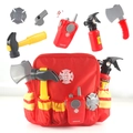 Kids firefighter costume set with red backpack and toy tools like axe and extinguisher - KN511 Engineering Construction Set