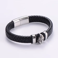 Schwarzes geflochtenes Lederarmband für Herren mit silbernem Buddhakopf-Verschluss - Schwarz