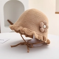 Kaki gebreide babymuts met 3D-bloem, geschulpte randen en handige kinbandjes voor baby - 2-4 Jaar / Khaki