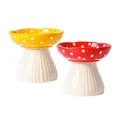 Set of elevated mushroom ceramic cat bowls in red and yellow with embossed texture - Elevated Mushroom Bowl Set (Red + Yellow)