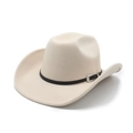 Chapeau de cowboy classique en feutre crème avec ruban en cuir noir et boucle argentée mate - M(56-58cm) / Beige (Couronne Creusée)