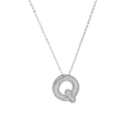 Close-up of silver necklace pendant featuring a bubbly letter Q with shiny cubic zirconia - Letter Q