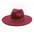 Detail of burgundy wool fedora with brown leather band and silver metal rivets - M (56-58cm) / Burgundy