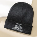 Dark grey knitted beanie with white SHIT SHOW SUPERVISOR embroidery text for winter wear - One Size / Deep Heather Grey