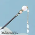 Classic 18cm dark wood hair stick with pink flower motif and 10cm long pearl tassel - Jade Buckle - Large White