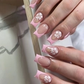 Pink French press-on nails with 3D white floral patterns in long coffin shape - Pink French White Flower (DS100)