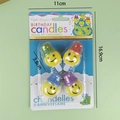 Set of 4 yellow smiling face birthday candles with party hats and dimensions shown - Flat Top Hat Smiley Candle