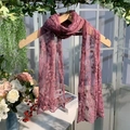 Pink purple lace scarf with 3D floral embroidery hanging on a wooden hanger - 3028 Embroidery Lace Style / Fuschia