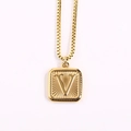 Golden square necklace pendant with letter V and sunburst texture on white background - Letter V