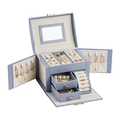 Multi-layer light blue jewelry box with velvet lining and side necklace hooks - Blue