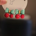 Close-up of cherry bow earrings featuring red beads and green translucent bows - 13# Silver Earring Post - Red - Green