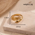 Adjustable golden stainless steel feather open ring with 2.5g weight and textured design - 3D Feather (MN546) / Gold