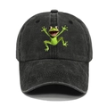 Berretto da baseball in denim nero lavato con ricamo a forma di rana verde sorridente - M (56-58cm) / Nero