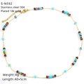 Detail view of 18k gold plated stainless steel beaded necklace with product dimensions - Colorful Beaded Fine Chain Style (S-N592)