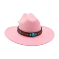 Pink faux suede cowboy hat with brown leather band and turquoise stone accents - One Size / Pink