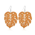Bohemian hollow monstera leaf wood earrings with natural brown grain and silver hooks - Style 35/Monstera Pattern Brown Hollow
