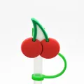Cute red cherry shaped silicone straw cover cap with flexible attachment loop - Cherry-1704-29