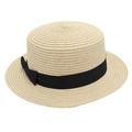 Detail of flat top boater hat featuring fine straw weaving and black ribbon bow - Beige