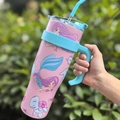Pink 40oz stainless steel insulated tumbler with blue handle and mermaid ocean pattern - 1250ml / Mermaid