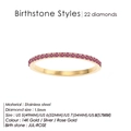 14K gold plated stainless steel band ring with 22 pink cubic zirconia birthstones - July Rose Red - Gold