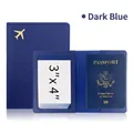 Navy blue faux leather passport holder with golden airplane logo and transparent card slot - Dark Blue