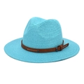 Detail of cyan straw fedora hat featuring a brown leather band with vintage metal studs - M (56-58cm) / Lake Blue