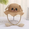 Detalle del bordado de perrito y orejas móviles en el sombrero de paja infantil - Caqui