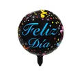 10-inch black round foil balloon featuring Feliz Día text and colorful confetti - Spanish Feliz Dia Round Balloon
