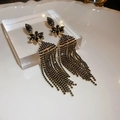 Elegant gold-tone long fringe flower earrings with shimmering black rhinestones - Black (925 Sterling Silver Earring Post)