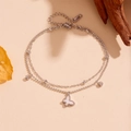 Double-layered silver butterfly bracelet with sparkling rhinestones and bead chain - Silver Butterfly Bracelet